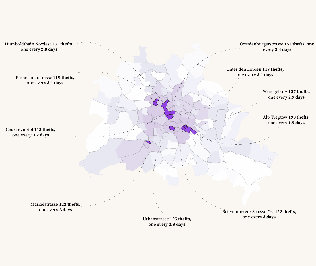 Map of Berlin bike-theft hotspots with callouts